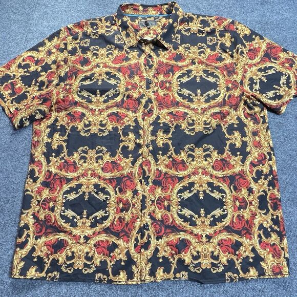 Baroque Gold Shirt Mens 4X Black Gold Crowns Chain Rose Filigree Button Up - Picture 3 of 9